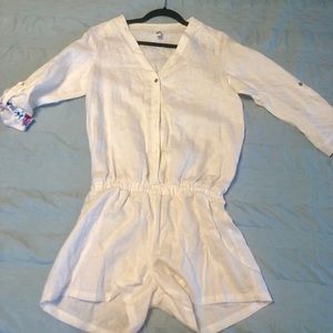 Saha white linen romper with floral cuffs